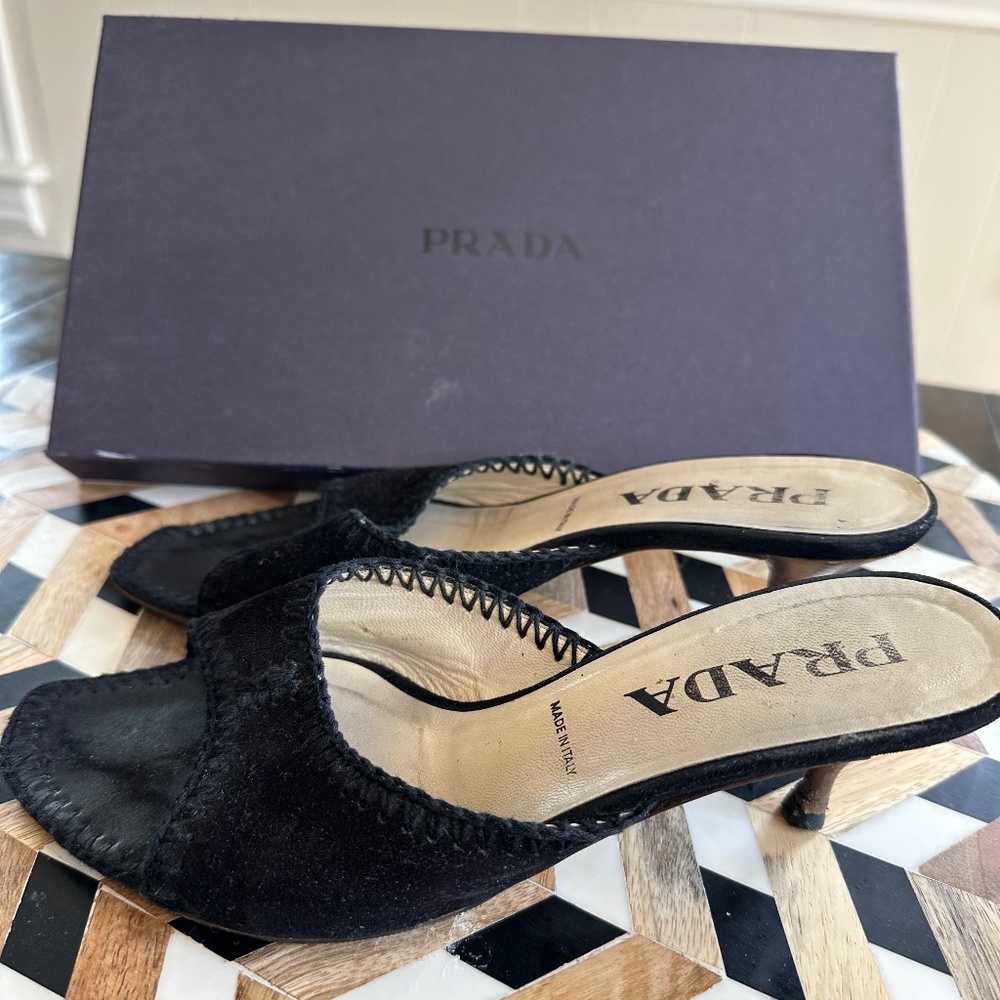 Prada Suede Mule, Black, Size 37